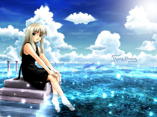 Woman dock water dolphin anime - a dolphin free wallpaper