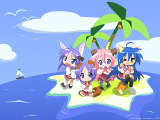 Anime girls island sailboat palm 2 - a group of anime girls free wallpaper