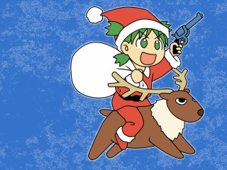 Cartoon reindeer riding gun santa - folk art free wallpaper