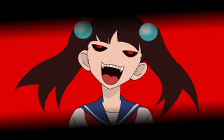 Creepy anime girl red background - a creepy expression free wallpaper