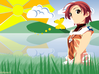 Girl grass lake butterfly sun - shining free wallpaper