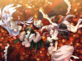 Anime girls leaves flowers autumn 3 - top of a bed free wallpaper