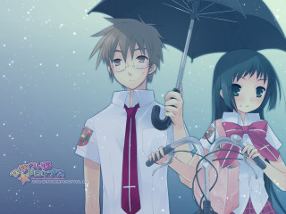 Snowy umbrella anime milky way - the ground behind them free wallpaper