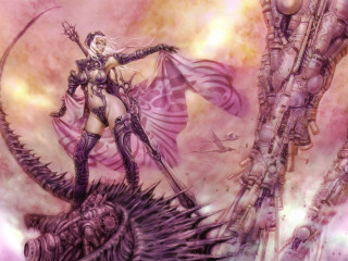Woman sword giant creature demon - high fantasy free wallpaper