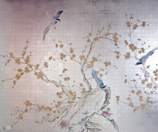 Birds flying tree flowers branches - a painting of birds free wallpaper