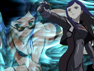 Woman gun bluehair glasses hologram - a painting of a woman free wallpaper