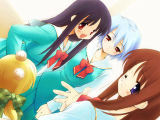 Girls in blue and red - long hair and bows free wallpaper