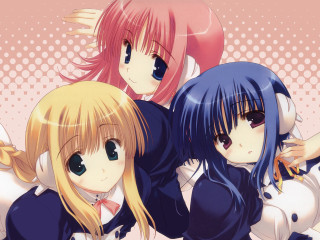 Three anime girls pink background - polka dot free wallpaper