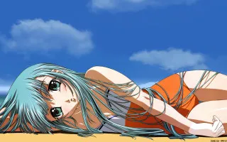 Woman beach blue hair orange - blue free wallpaper