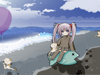 Girl cat dog balloon beach - a cat and a dog free wallpaper