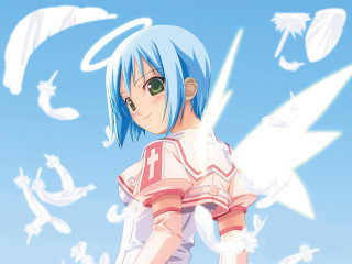Angelic bluehair greeneyes clouds wings - white cloud free wallpaper