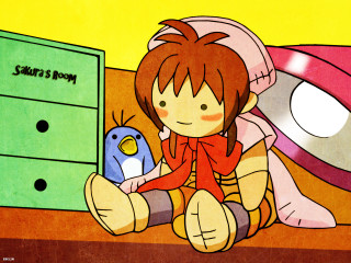 Girl sitting bed toy dresser - a toy free wallpaper