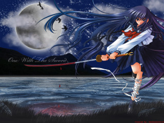 Anime girl sword fullmoon lake - a sword in front free wallpaper