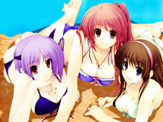 Three anime girls beach bikinis 2 - a pink hair free wallpaper