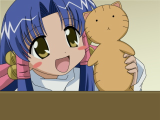 Girl smiling cat blue hair - her shoulder and a cat free wallpaper