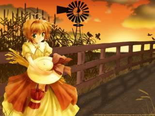 Girl yellow dress fence windmills - a yellow dress free wallpaper