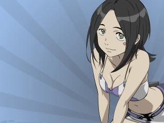 Woman bikini blue background sunbursts 2 - yukito kishiro free wallpaper for desktop