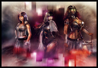 Three women futuristic outfits cityscape - three woman free wallpaper