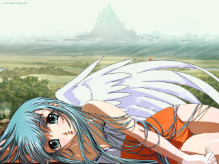 Blue haired girl angel wings - a castle in the background free wallpaper