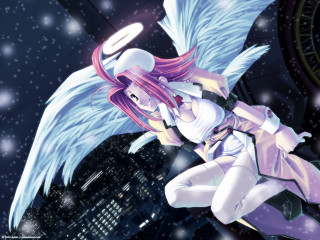 Pink hair angel wings city - an anime drawing free wallpaper