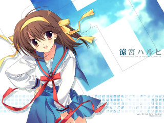 Girl blue dress red ribbon 2 - a yellow bow free wallpaper