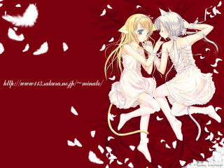 Anime girls red feathers cat - white feather free wallpaper