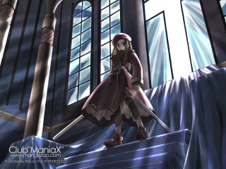 Woman sword building clouds manga - a cartoon of a woman free wallpaper