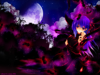 Purple haired anime girl full - a full moon and trees free wallpaper