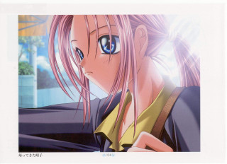 Pink hair blue eyes anime 6 - a yellow shirt free wallpaper for desktop