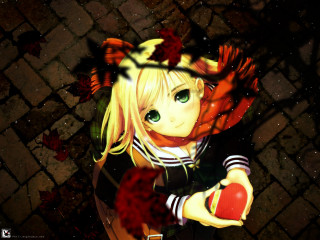 Anime girl green eyes red - a brick floor free wallpaper