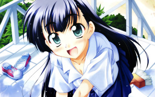 Girl black hair white shirt - a white bench free wallpaper