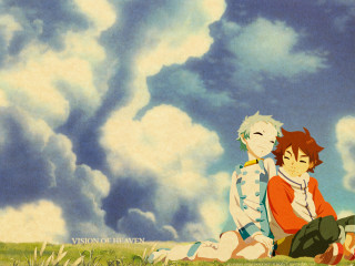 Anime boys sitting grassfield cloudy - a grass free wallpaper