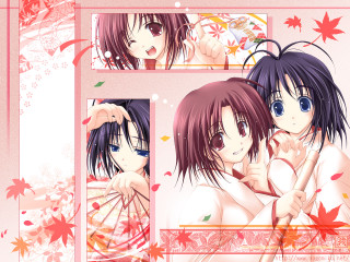 Anime girls hugging autumn leaves - a couple of anime girls free wallpaper