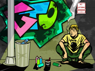 Man kneeling graffiti alien artist - a green alien free wallpaper