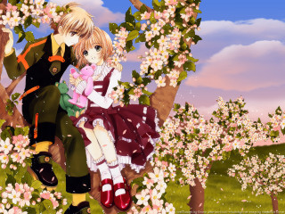 Anime characters sitting tree flower - the background and a sky background free wallpaper for desktop