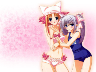 Anime girls hugging pink background 3 - a pink background behind them free wallpaper