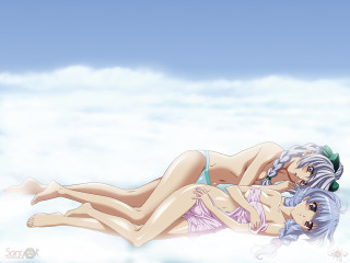 Anime girls cloud sky braids - a sky background behind them free wallpaper