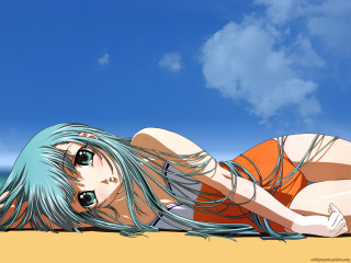 Blue hair woman beach sky - blue hair free wallpaper