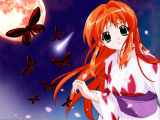 Red hair butterfly sky kimono - butterfly free wallpaper