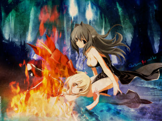 Fire dress women sword burn - her hand and another woman free wallpaper