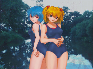 Anime girls swimsuits banana forest - tree and water free wallpaper