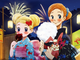 Fireworks festival kimono girls cats - a fireworks display free wallpaper