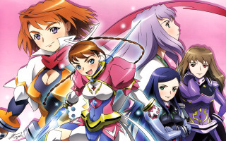 Anime group pink background blue - a group of anime characters free wallpaper for desktop