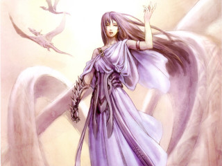 Purple dress woman bird fantasy - above her head free wallpaper