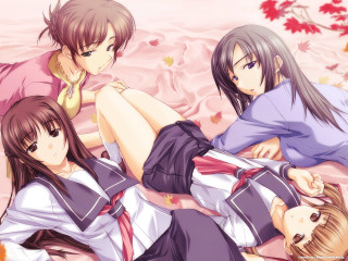 Three anime girls autumn leaves - their leg free wallpaper