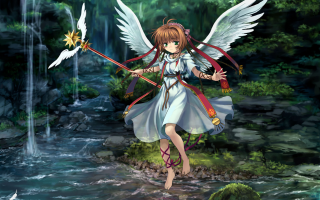 Angelic girl sword forest waterfall - a forest free wallpaper for desktop