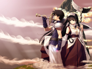 Clouds swords anime mountains bird - above them free wallpaper