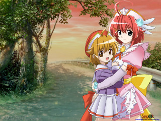 Anime girls hug forest sunset - neoromanticism free wallpaper for desktop