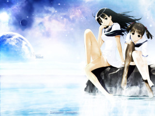 Anime girls moon planet water - space art free wallpaper