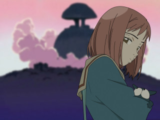 Woman backpack mushroom sky pink - ghibli free wallpaper